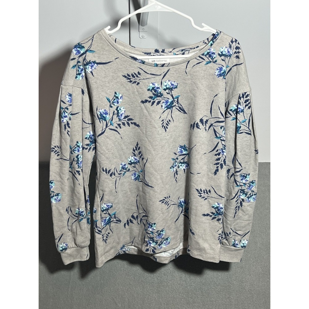 Liz Claiborne Women's Small S Gray Floral Print Long Sleeve Pullover Sweatshirt